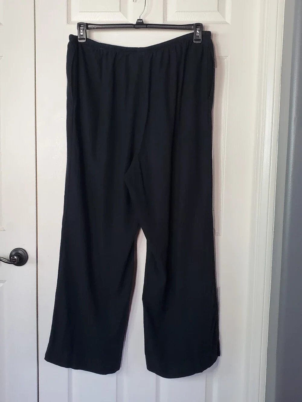 Black Elastic Waist Wide-Leg Pants Linen Blend Comfort Flowy Pull-on Pockets XXL
